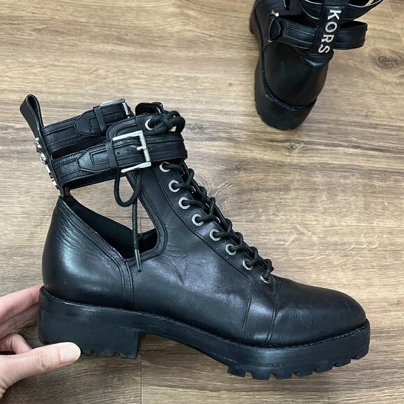 Michael Kors Bensen Cut-Out Buckle Leather Combat Goth Boots Sz 8 - Picture 3 of 12